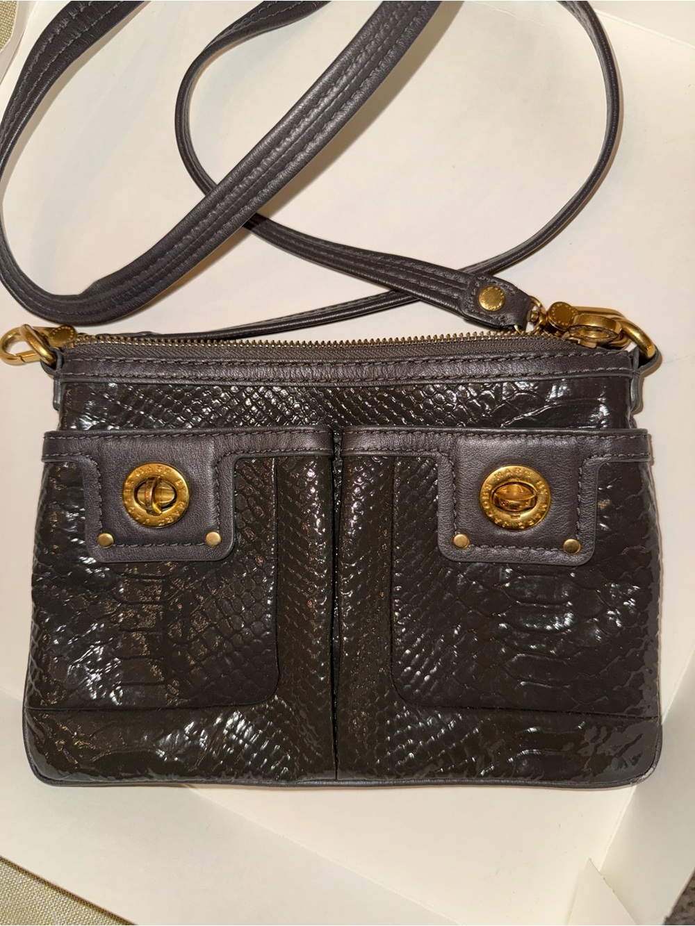 Marc by Marc Jacobs Olive Grey Patent Crossbody Bag with Gold Hardware